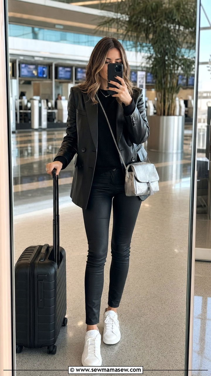 Leather blazer with all black layers - 30 Airport outfit ideas with a blazer