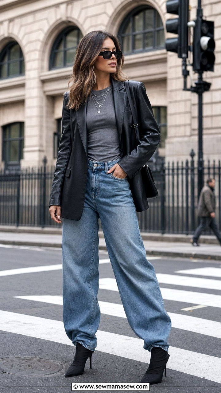 Leather blazer with baggy jeans - 30 Baggy jeans outfit ideas with a blazer