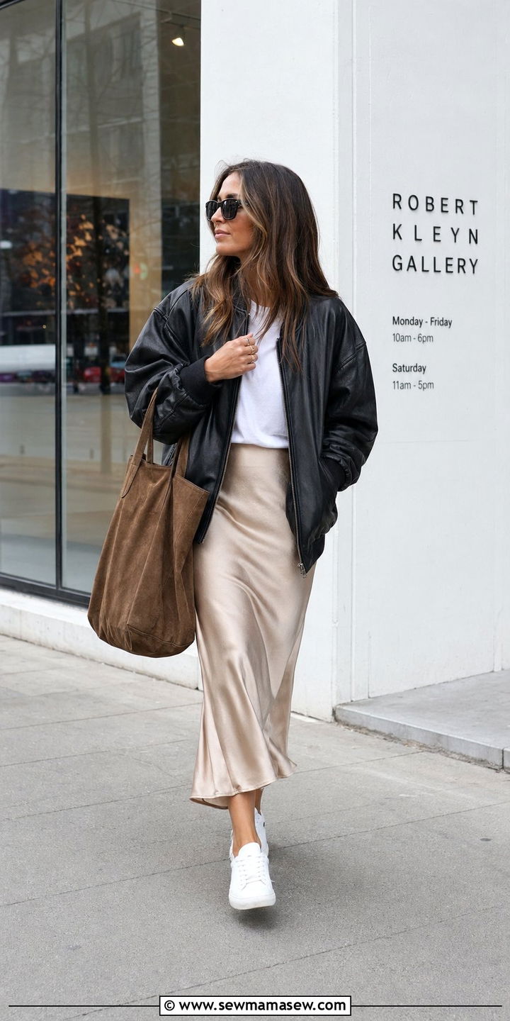 Leather bomber jacket with a slip skirt - 35 Parisian outfit ideas 2026