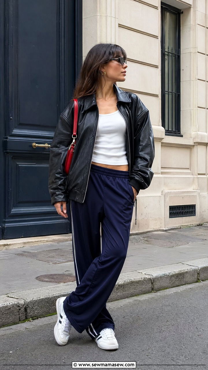 Leather bomber jacket with track pants and retro sneakers - 35 transitional french girl outfit ideas