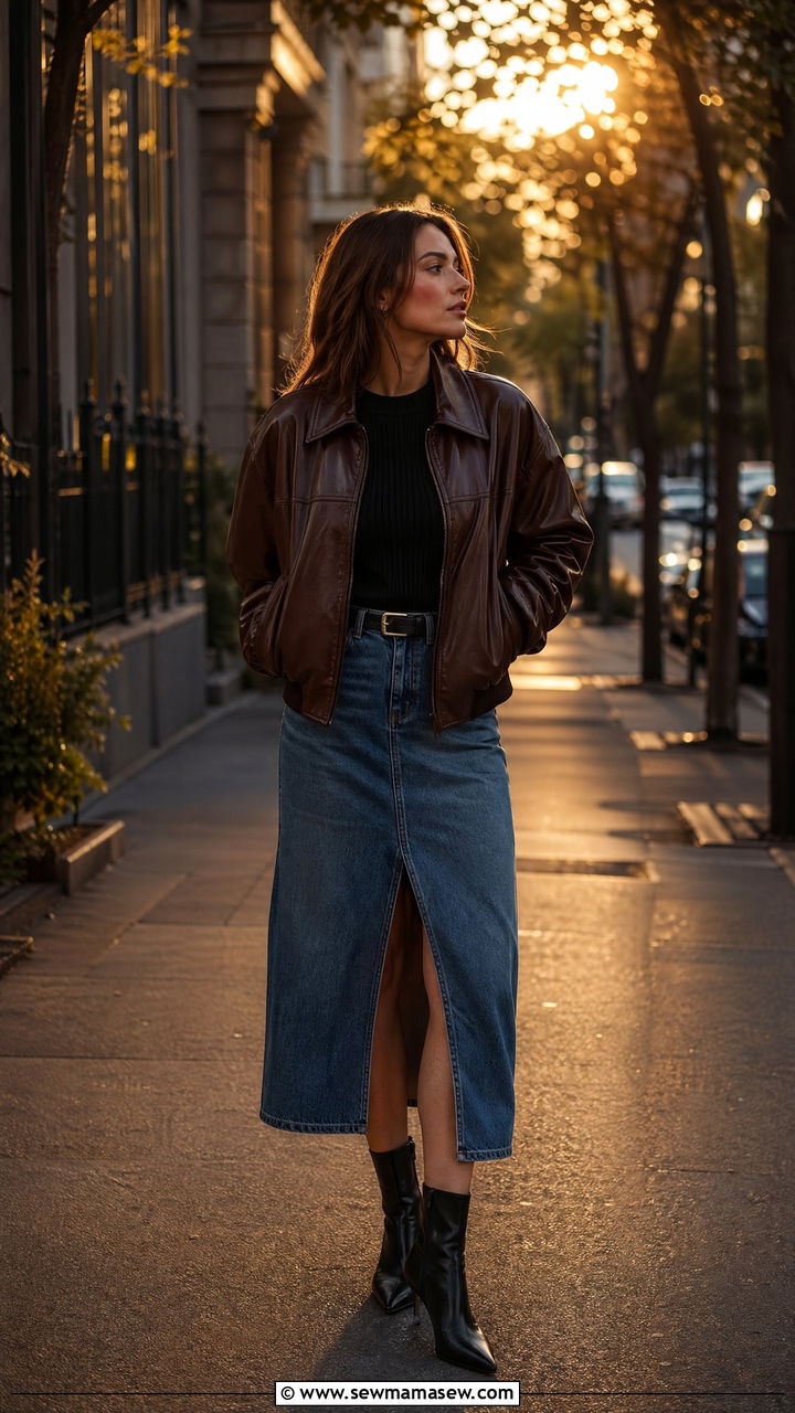 Leather bomber with midaxi denim skirt and ankle boots - 35 Streetwear spring outfits