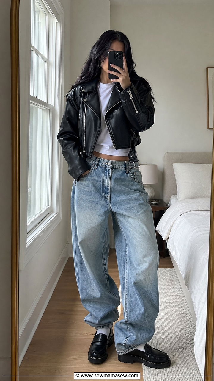 Leather jacket and baggy jeans outfit - 35 Cool girl outfit ideas