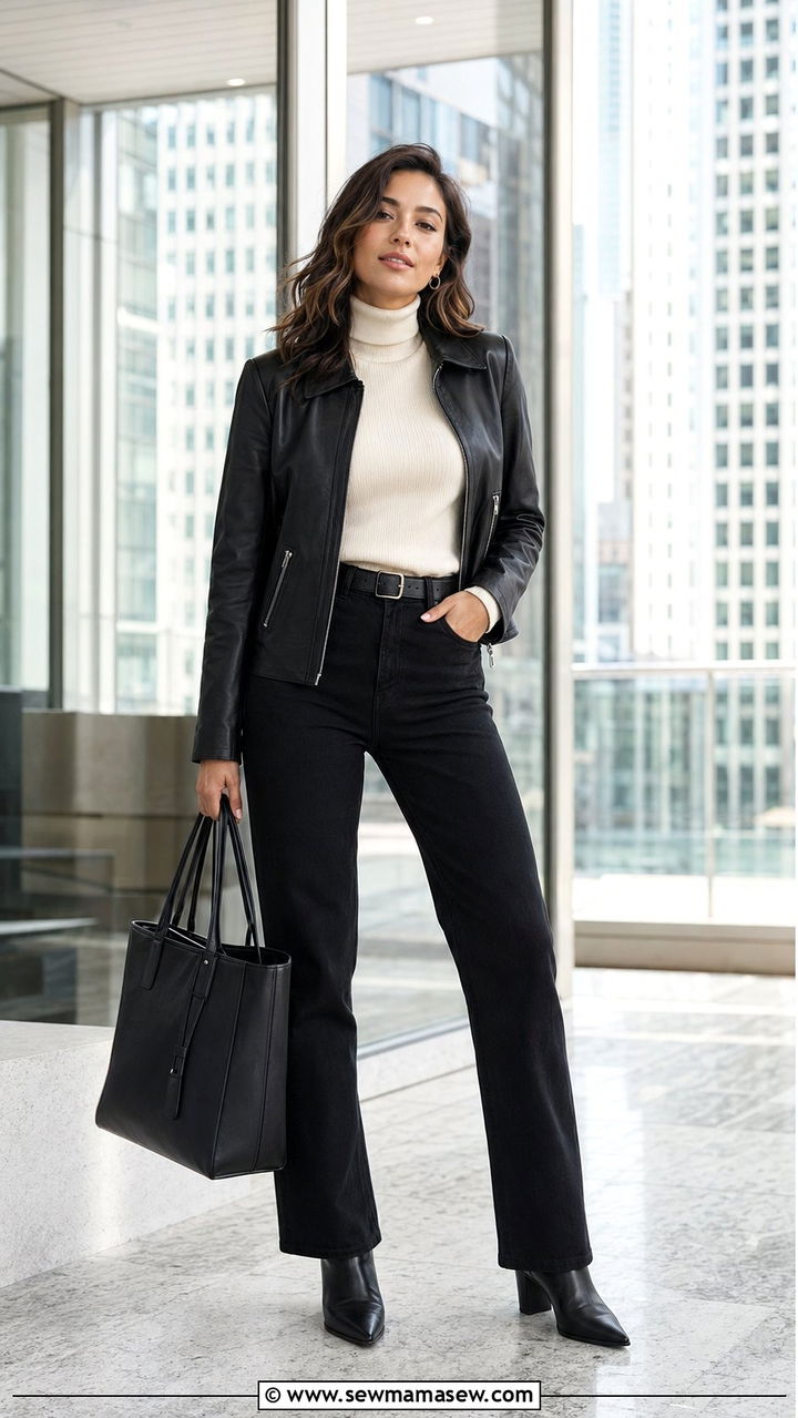 Leather jacket and black jeans work outfit - 30 Work outfits with jeans