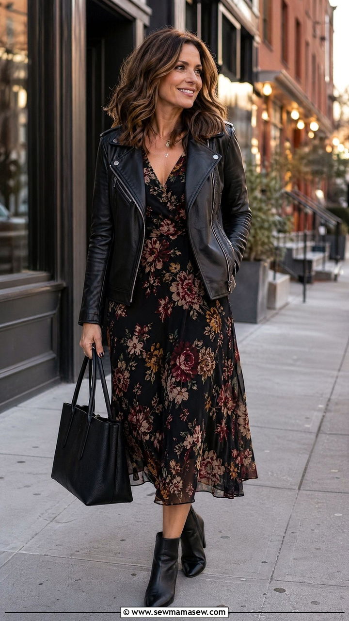 Leather jacket and floral dress outfit - 35 What to wear in spring for women over 40