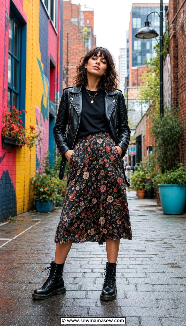 Leather jacket and floral midi skirt - 35 Moody spring outfit ideas