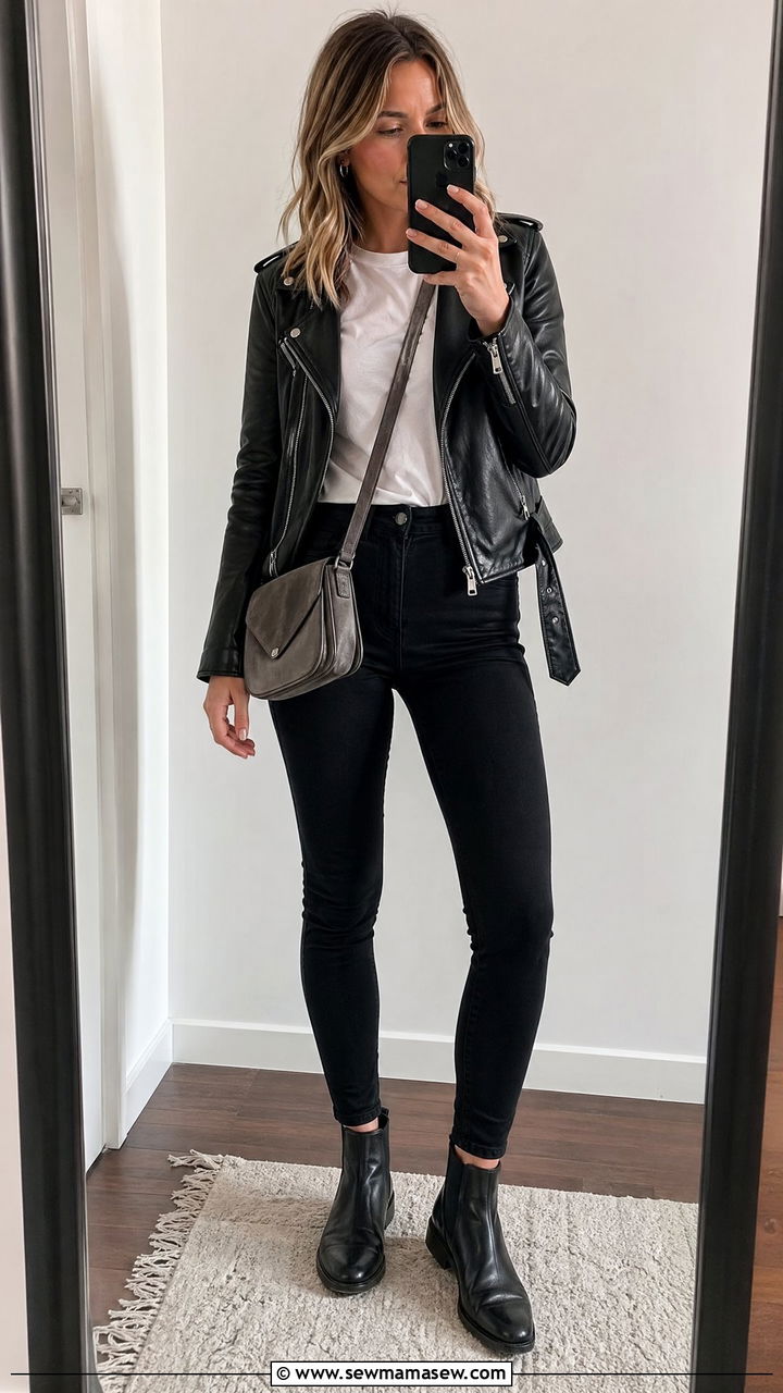 Leather jacket and jeans shopping outfit - 35 shopping outfit ideas for women