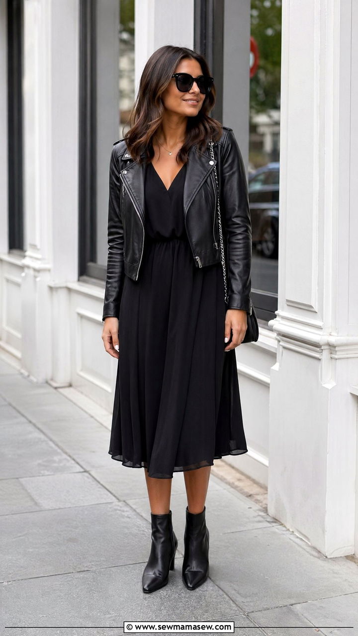 Leather jacket and midi dress spring all black outfit - 35 spring all black outfit ideas