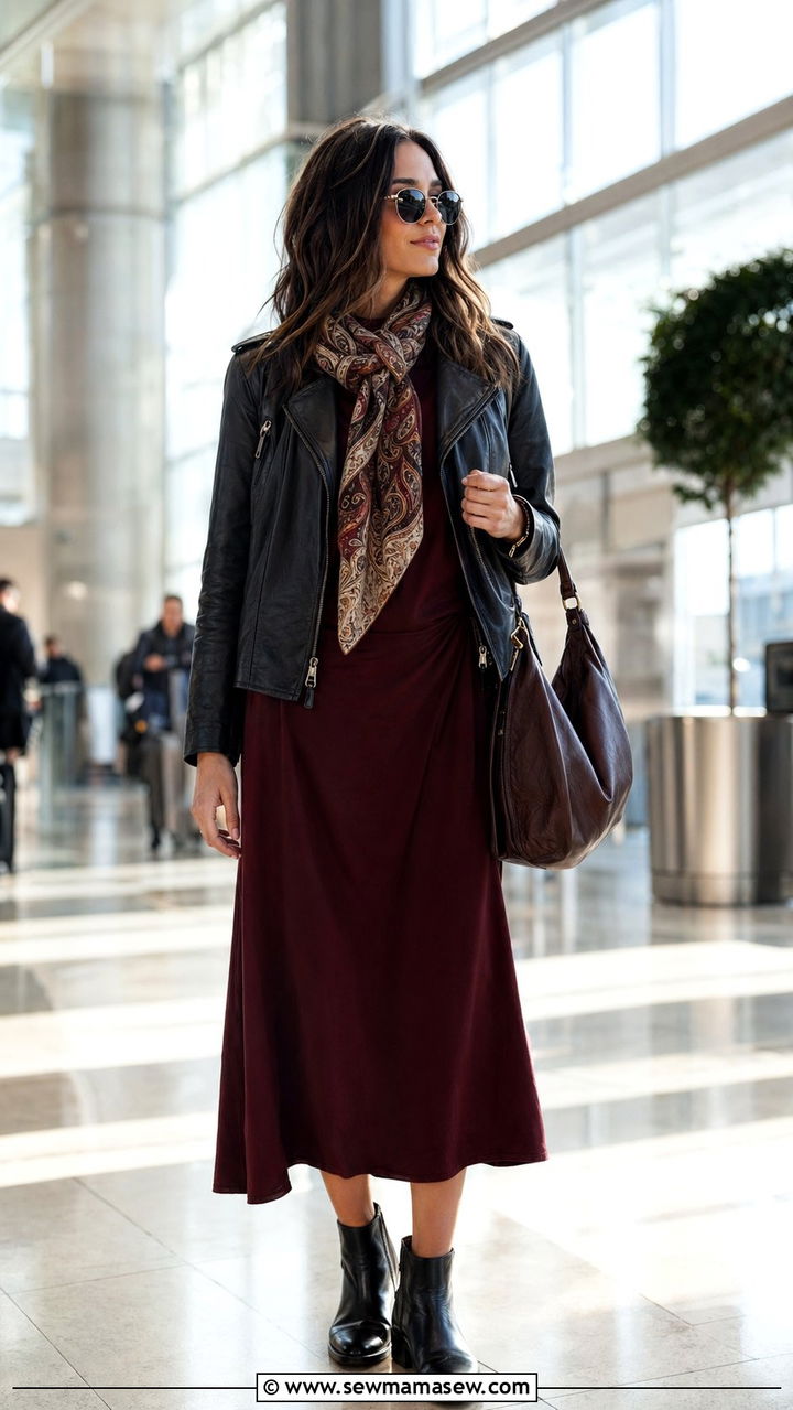 Leather jacket and midi dress with a printed scarf - 30 Airport outfit ideas with a scarf