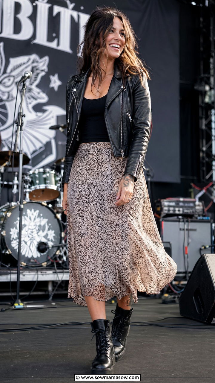 Leather jacket and midi skirt concert outfit - 35 Concert outfits for pear shape