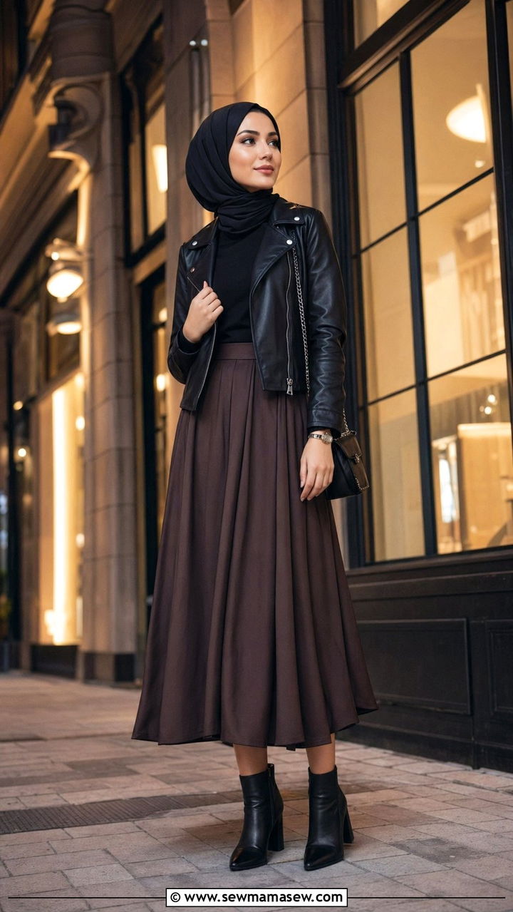 Leather jacket and midi skirt hijab outfit - 35 Modest outfit ideas with hijab