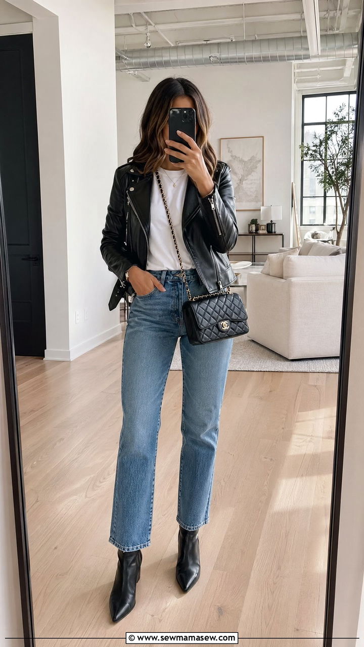 Leather jacket and straight leg jeans outfit - 35 Spring errands outfit ideas