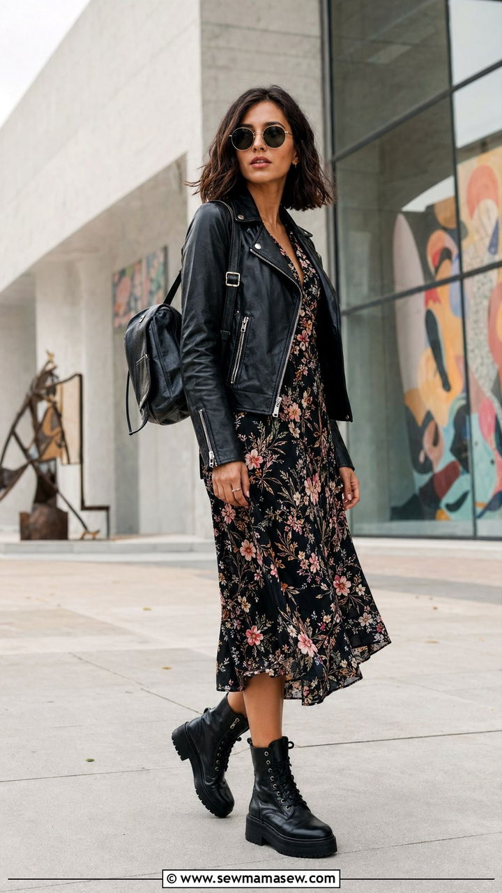 Leather jacket draped over a floral midi dress - 35 Museum visit outfit ideas