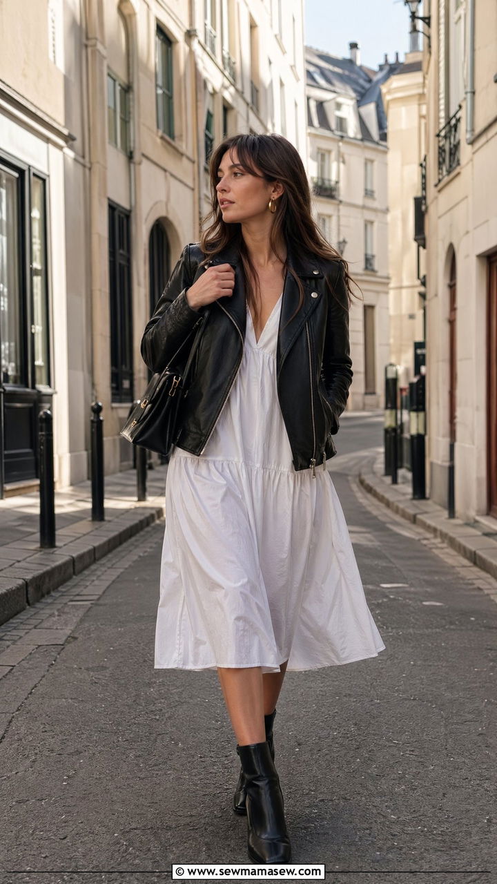 Leather jacket with a cotton poplin dress and ankle boots - 35 transitional french girl outfit ideas