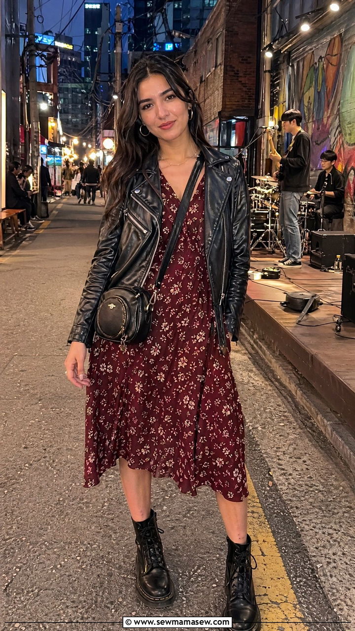 Leather jacket with a floral midi dress and combat boots - 35 Seoul vacation outfit ideas