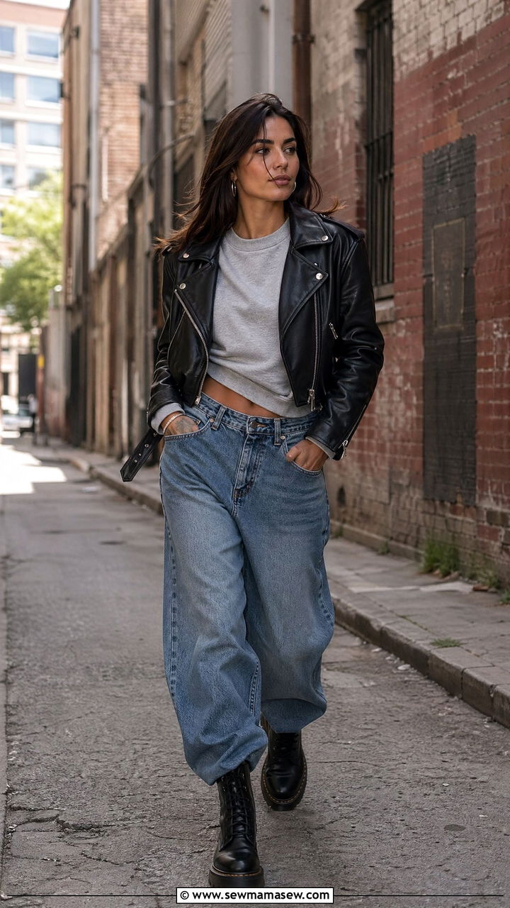 Leather jacket with baggy jeans and combat boots - 35 Streetwear spring outfits