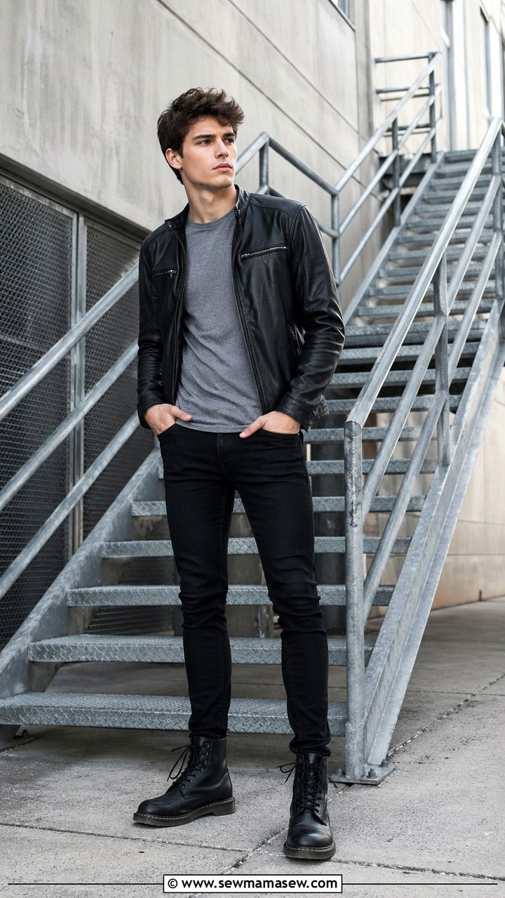 Leather jacket with black jeans senior photo - 30 Senior portrait outfit ideas guys