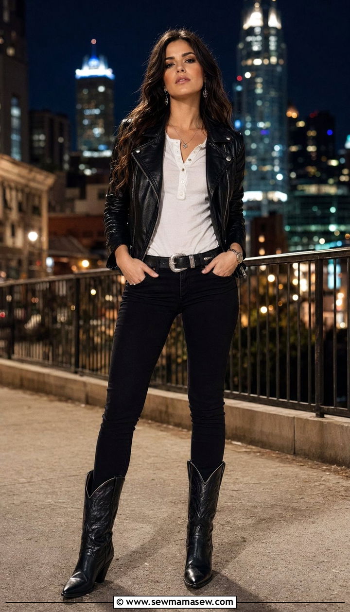 Leather jacket with black jeans western outfit - 30 Western outfit ideas with jeans