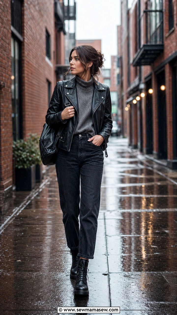 Leather jacket with dark denim and combat boots - 35 rainy day outfits for women