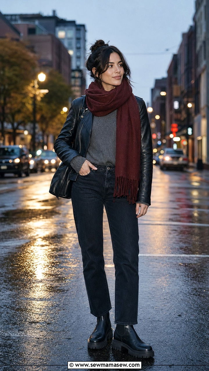 Leather jacket with dark denim and lug sole Chelsea boots - 30 April showers outfit ideas