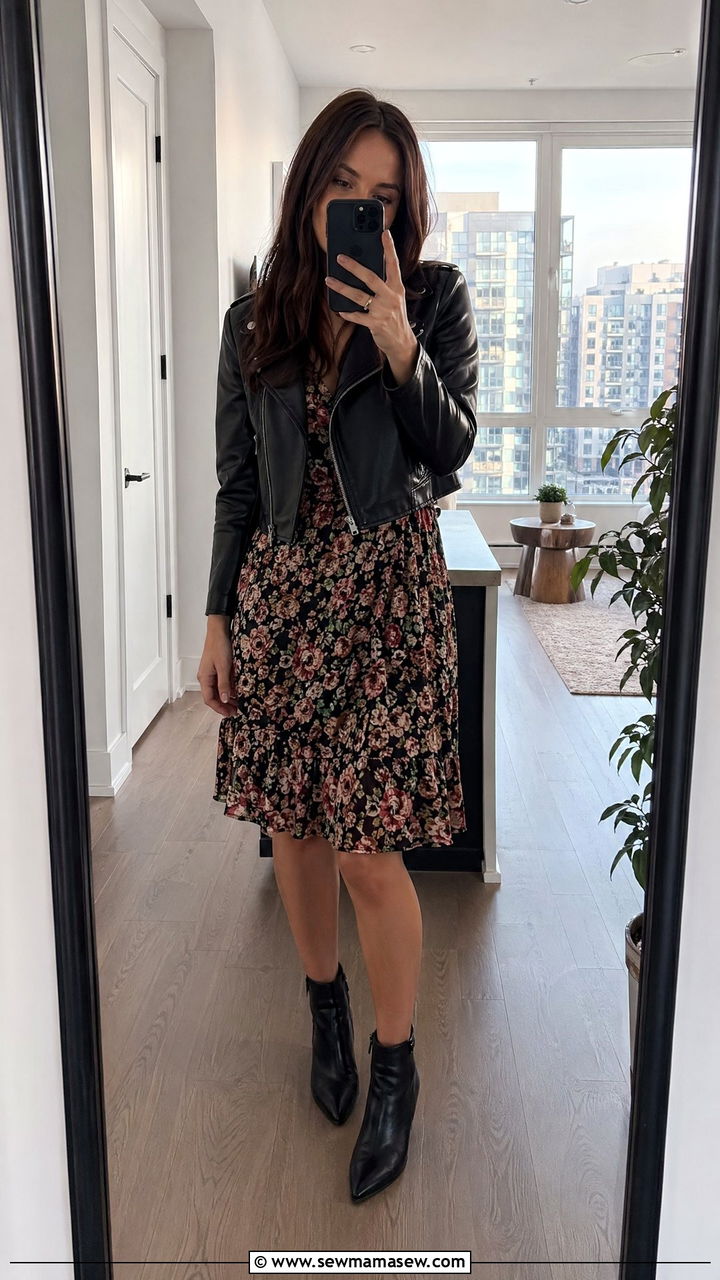 Leather jacket with floral dress and ankle boots - 35 spring easy outfit ideas