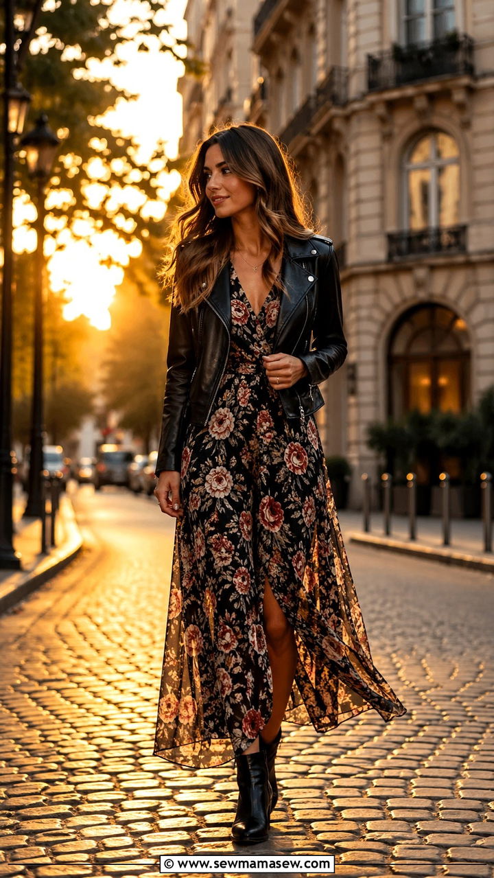 Leather jacket with floral maxi dress - 30 Spring layering outfits