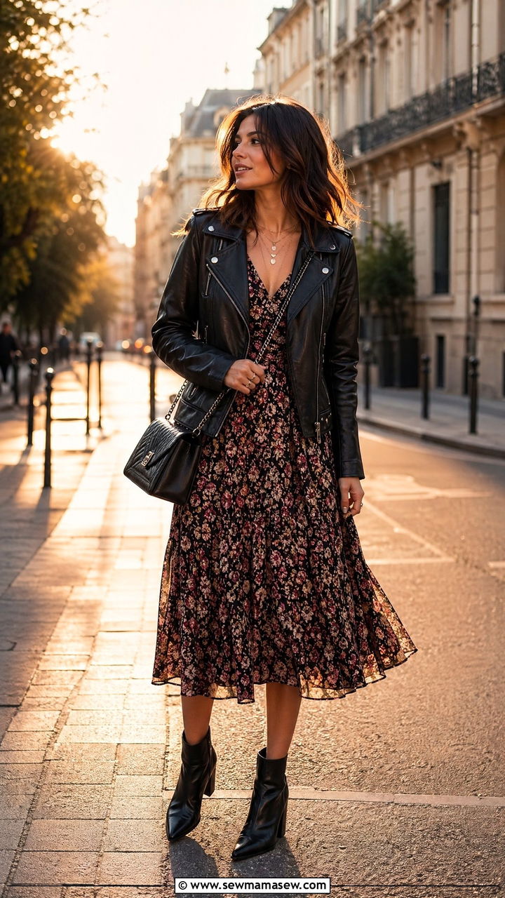 Leather jacket with floral midi dress - 35 Weekend getaway outfit ideas