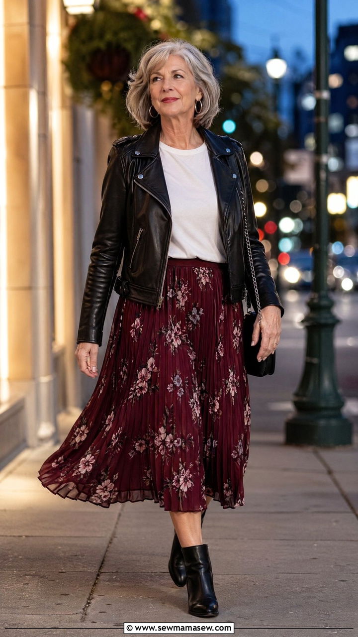Leather jacket with floral midi skirt outfit - 35 Classy outfit ideas for women over 60