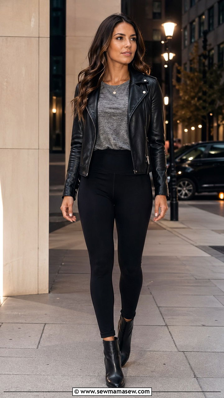 Leather jacket with leggings and ankle boots - 30 spring leggings outfit ideas