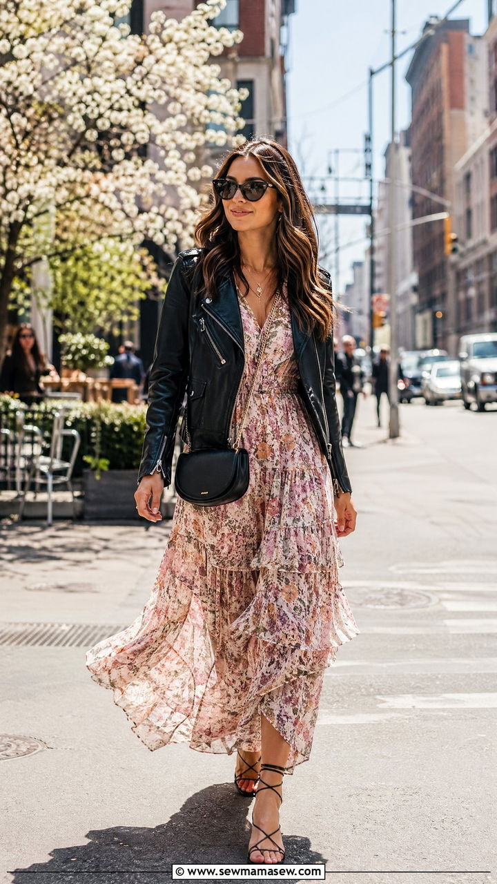 Leather jacket with maxi dress - 35 Spring to summer transition outfits