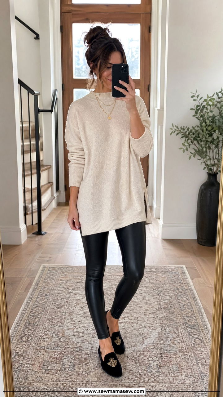 Leather leggings and tunic sweater outfit - 35 Comfy outfits for moms