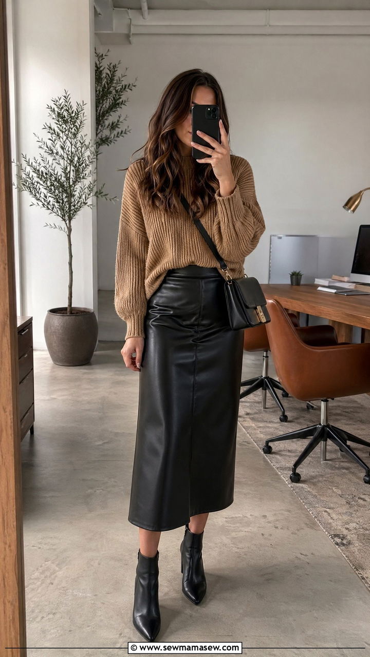 Leather midi skirt and knit sweater work outfit for women - 35 work outfits for women
