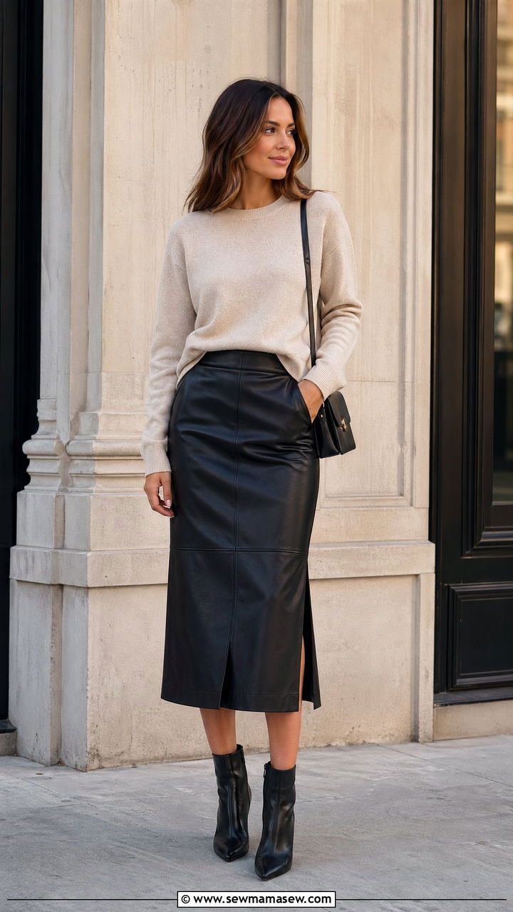 Leather midi skirt with a cashmere crewneck sweater - 35 classy outfit ideas for women