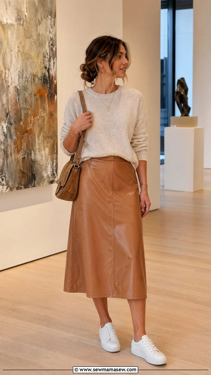 Leather midi skirt with light knit sweater outfit - 35 classy spring outfit ideas