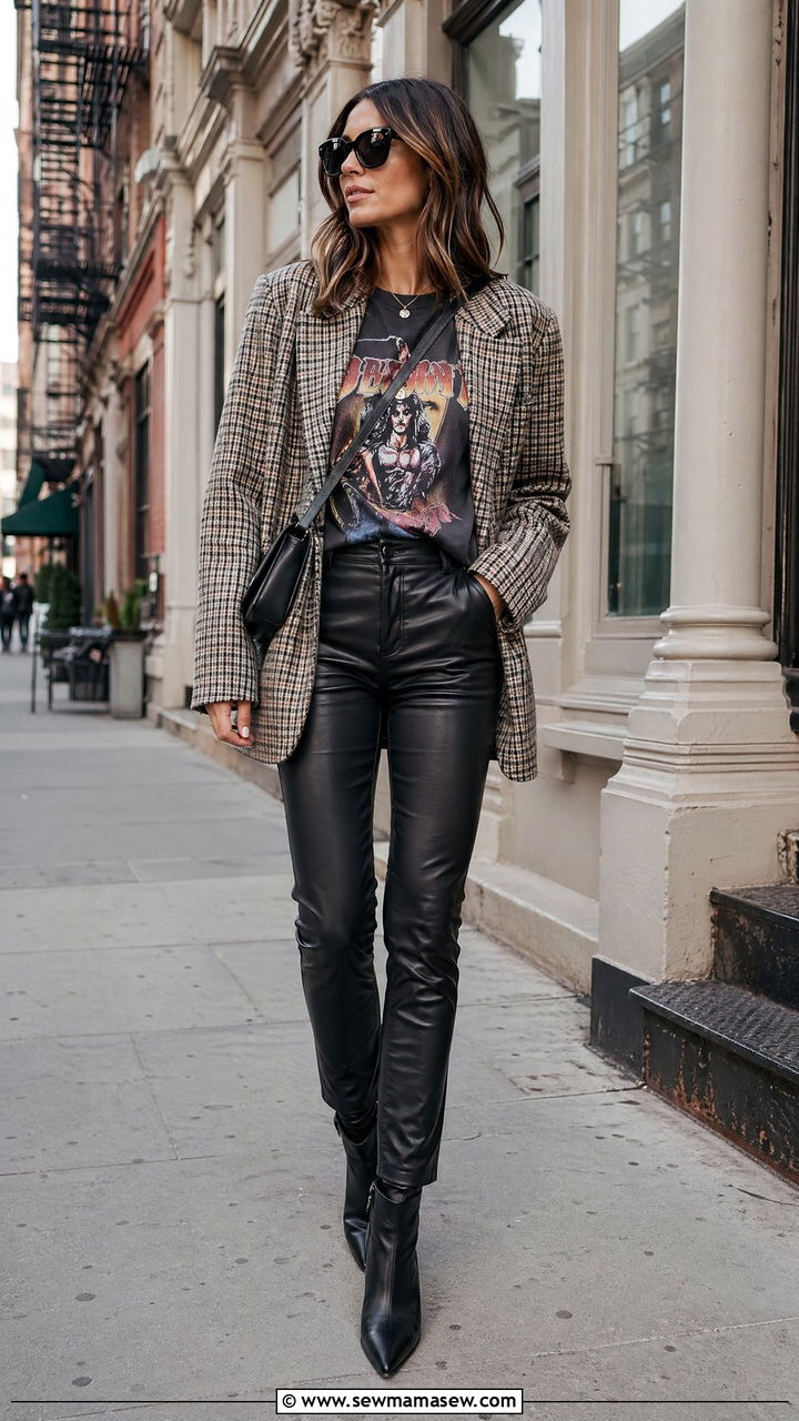 Leather pants with graphic tee and statement blazer - 35 transitional outfits for women