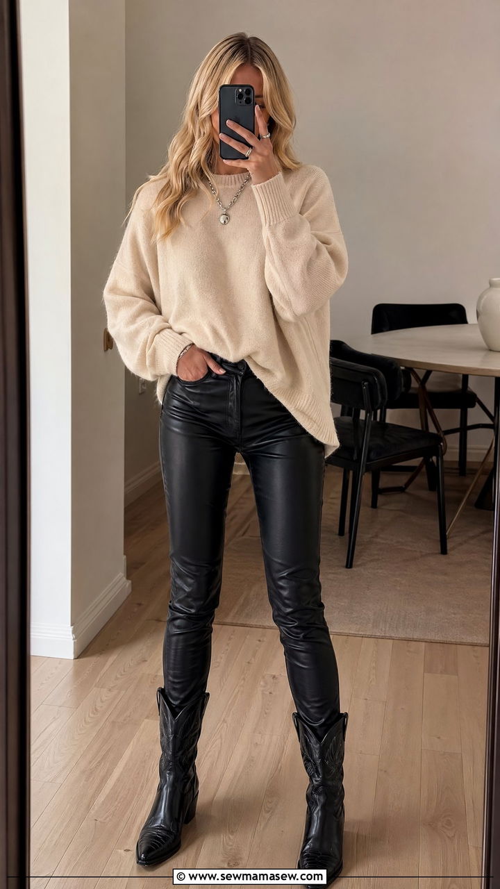 Leather pants with sweater and cowboy boots - 35 cowboy boots outfit ideas