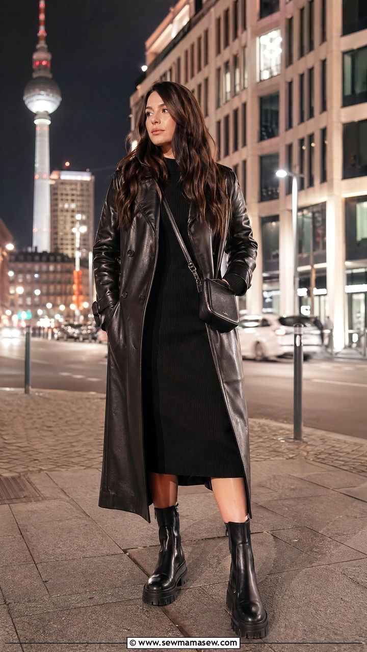 Leather trench coat with a knit dress and chunky boots - 40 What to wear in Berlin