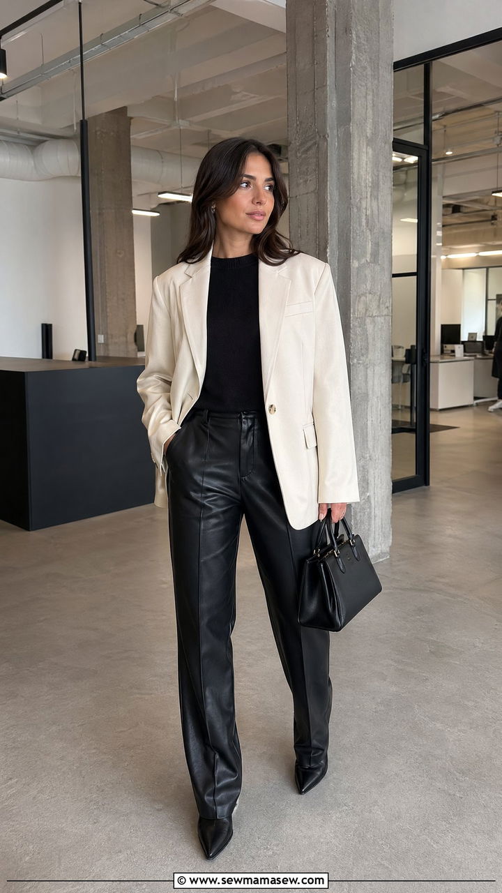 Leather trousers with oversized blazer office look - 35 Corporate outfit ideas for women