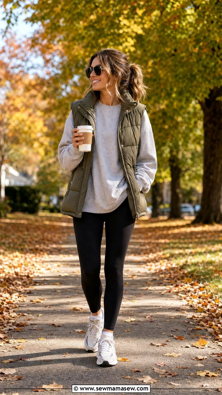 Leggings With An Oversized Sweatshirt And Puffer Vest - 35 Mom style outfit ideas