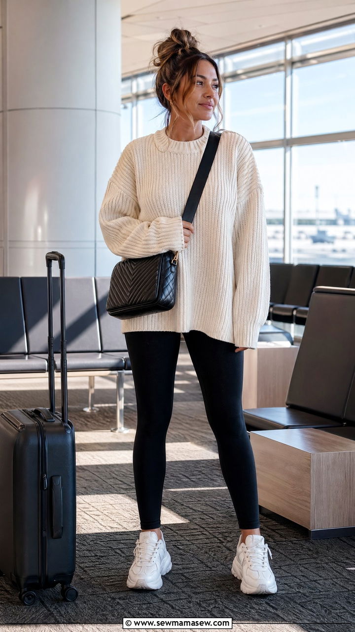 Leggings With Oversized Sweater And Sneakers - 35 Comfortable airport outfits