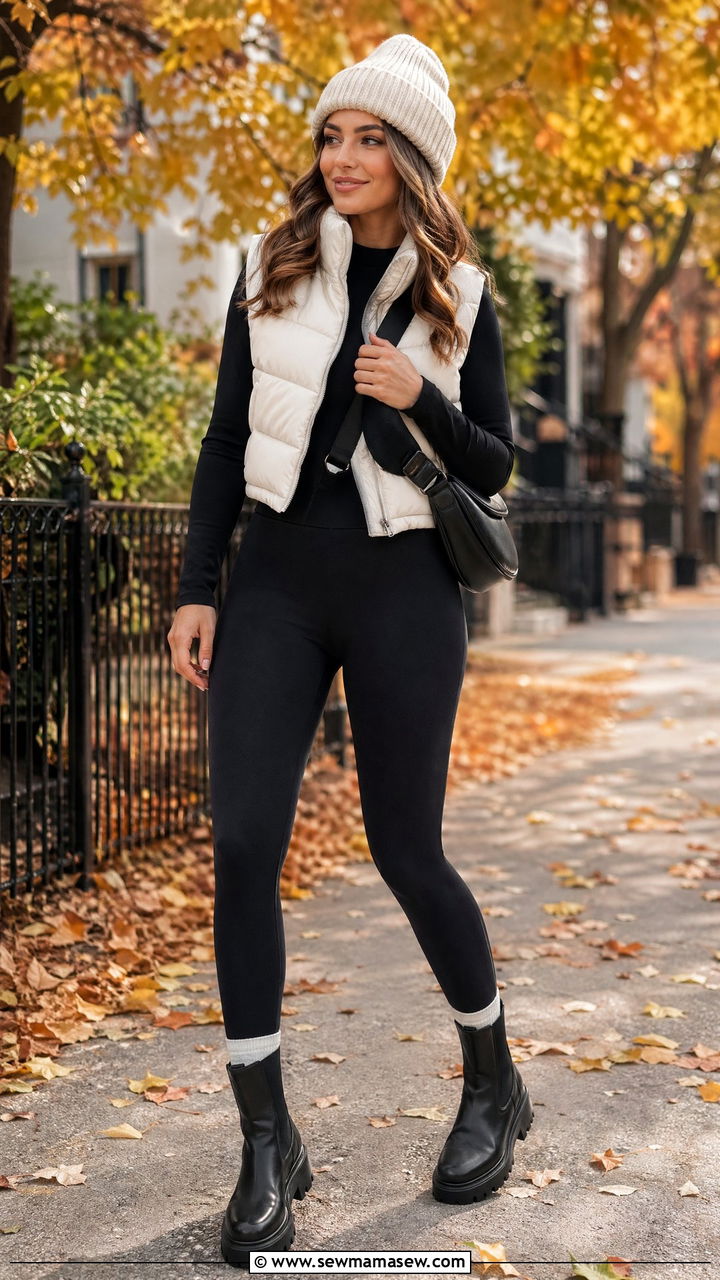 Leggings With Thermal Long Sleeve And Puffer Vest - 35 Sporty chic outfit ideas for errands