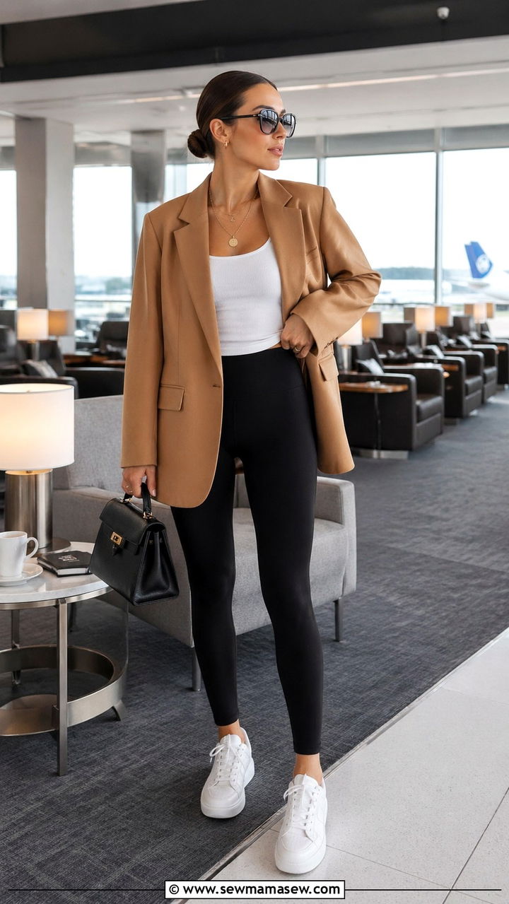 Leggings and Oversized Blazer Ensemble - 30 Sporty chic outfit ideas for travel