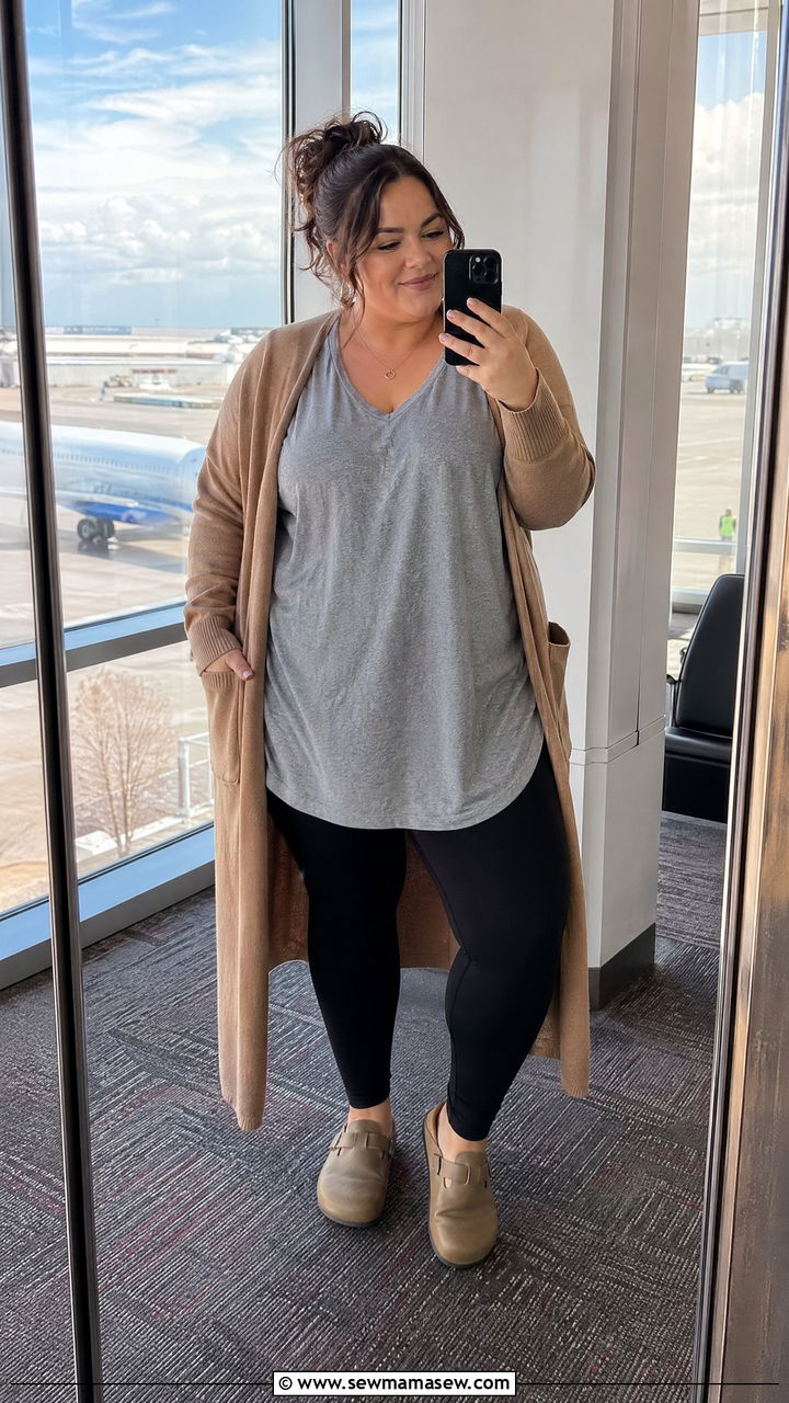 Leggings with Long Tunic Top and Duster Cardigan - 35 Travel outfits for curvy women