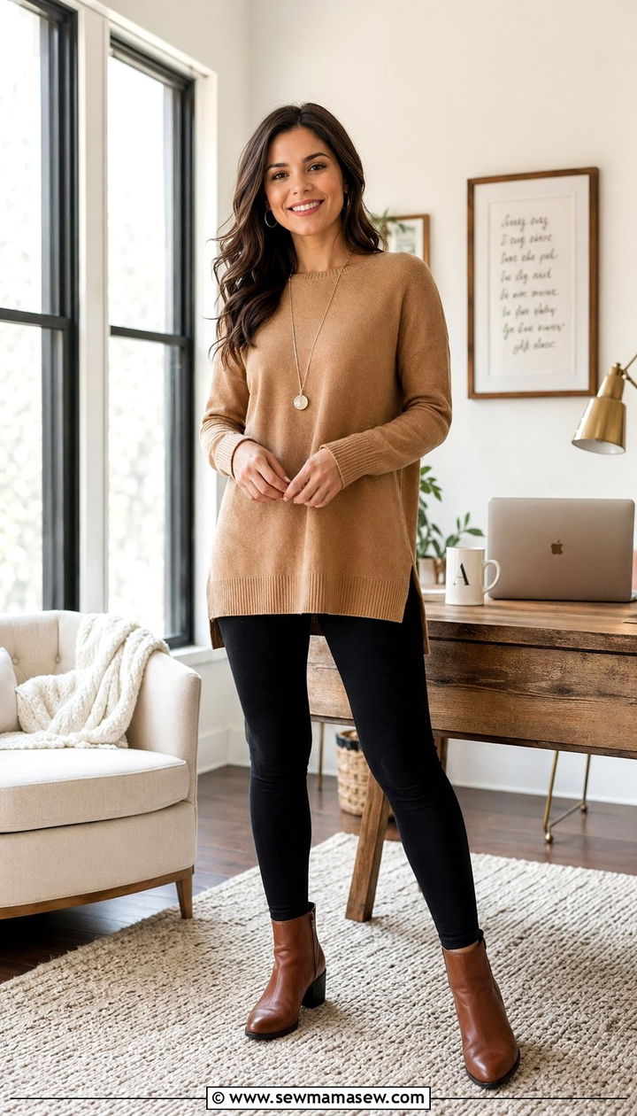 Leggings with tunic sweater and ankle boots outfit - 30 Athleisure outfit ideas for work from home