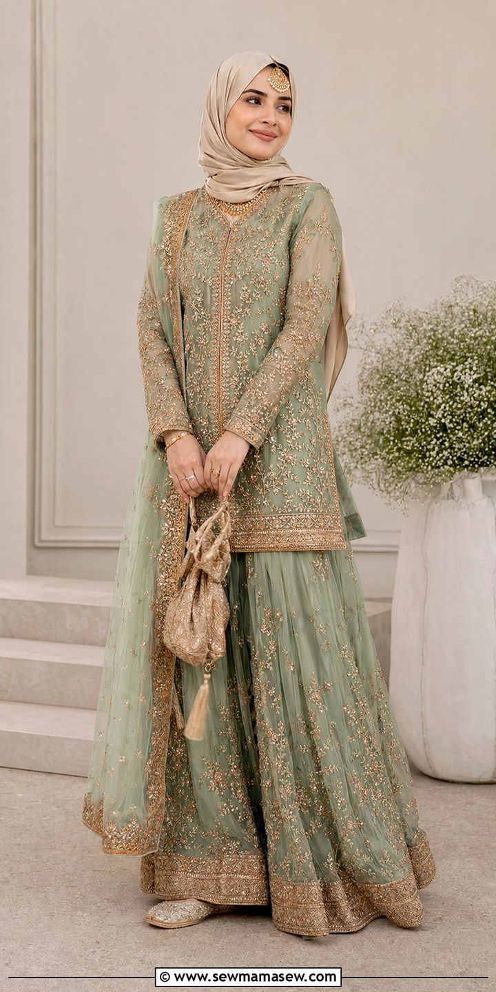 Lehenga With Full Sleeve Blouse And Draped Hijab - 30 wedding guest outfits for hijab women