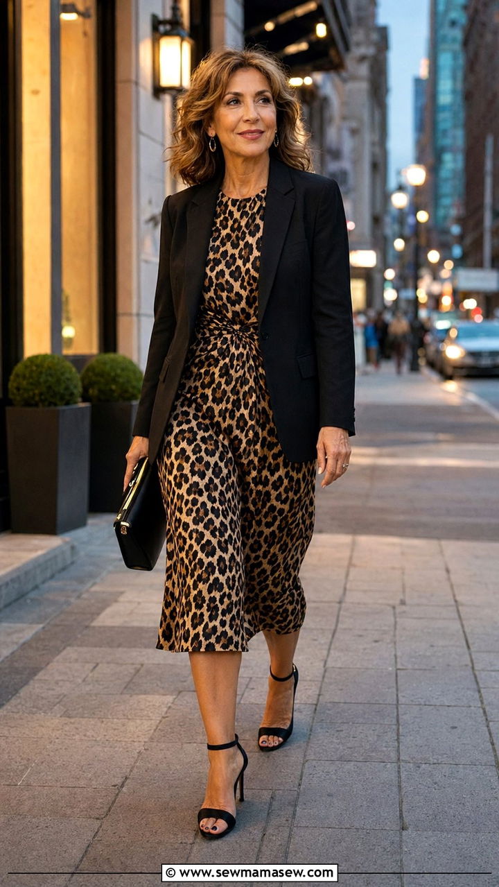 Leopard Print Midi Dress with Black Blazer - 35 Night out outfit ideas women over 50