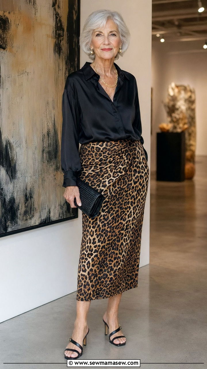 Leopard Print Midi Skirt with Black Silk Blouse - 35 Outfit ideas for women over 70 2026