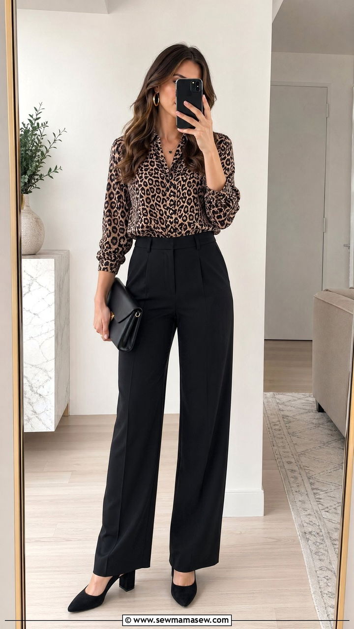 Leopard print blouse with black wide leg trousers - 35 classy job interview outfit ideas