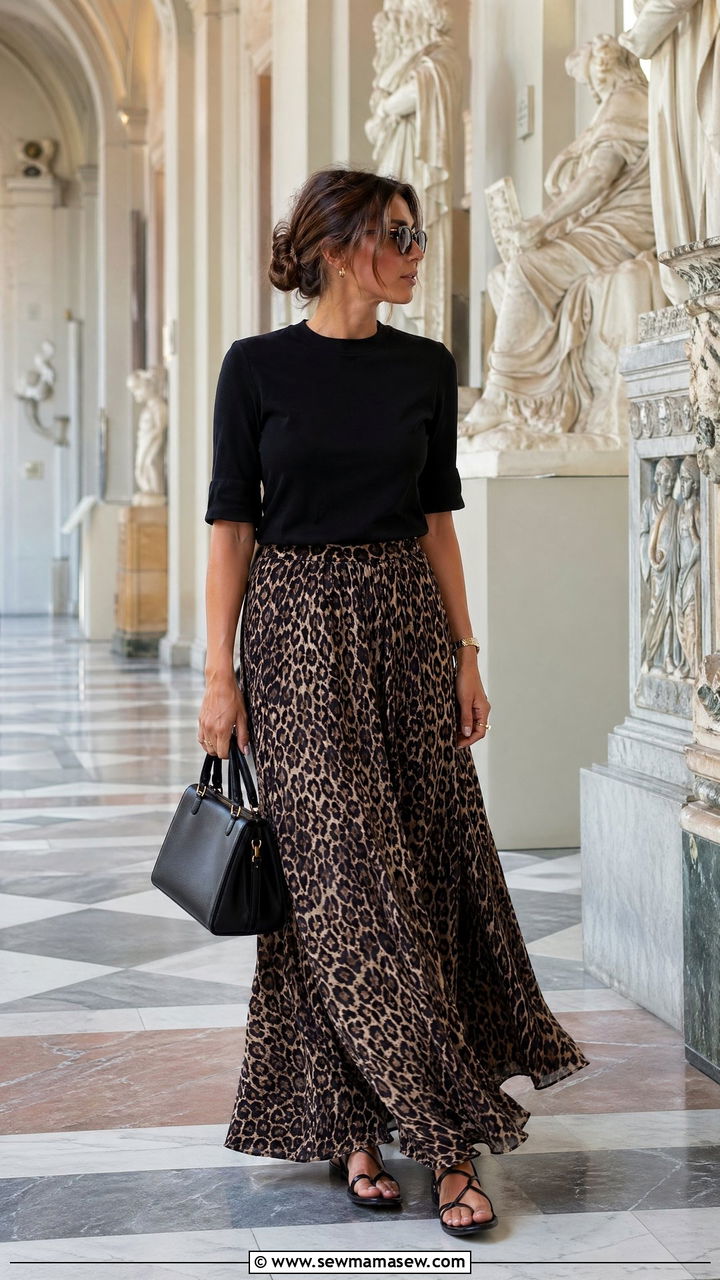 Leopard print maxi skirt and modest top look - 35 summer vacation outfit ideas