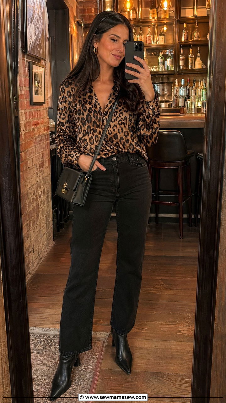 Leopard print top and black straightleg jeans - 35 what to wear to a girls night out