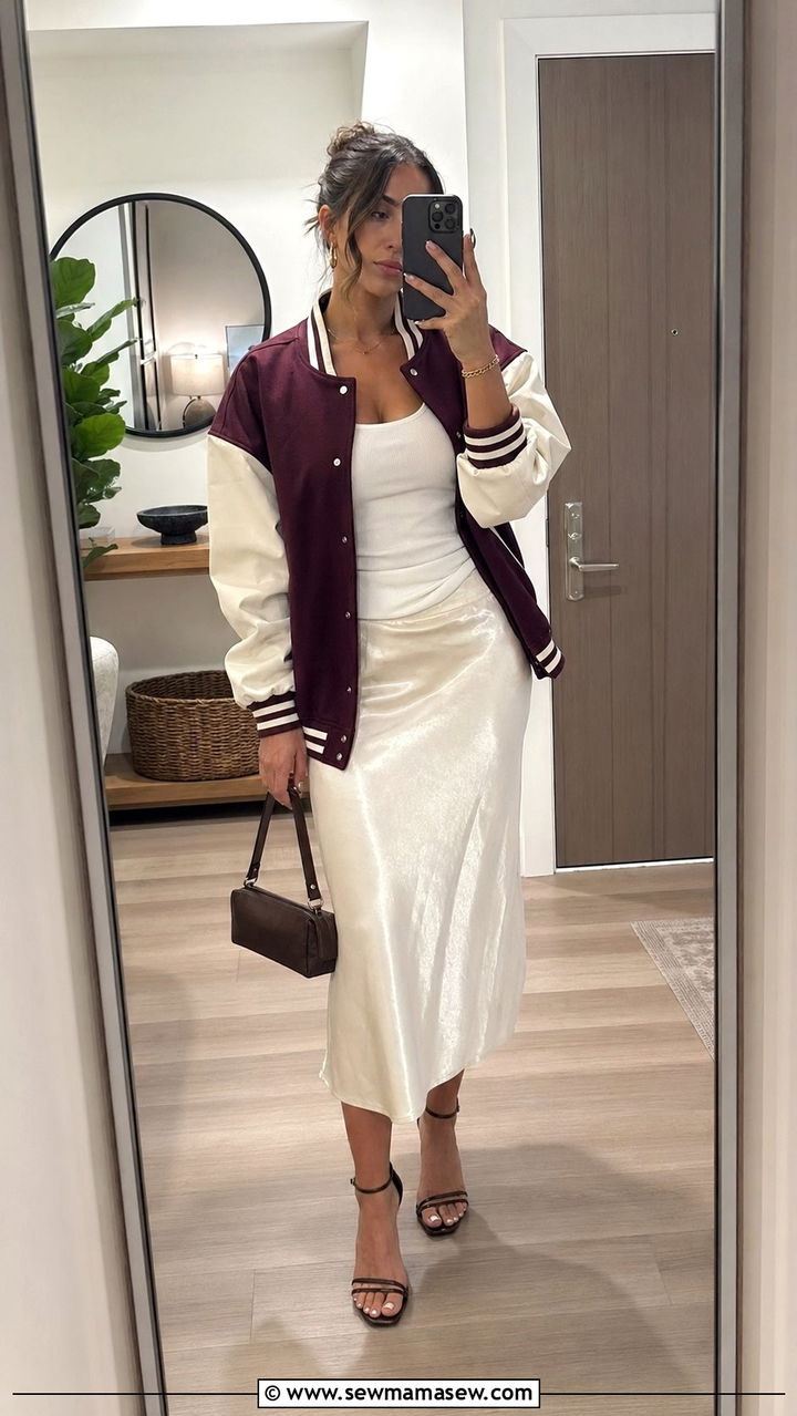 Letterman Jacket and Satin Midi Skirt - 30 Basketball game outfit ideas
